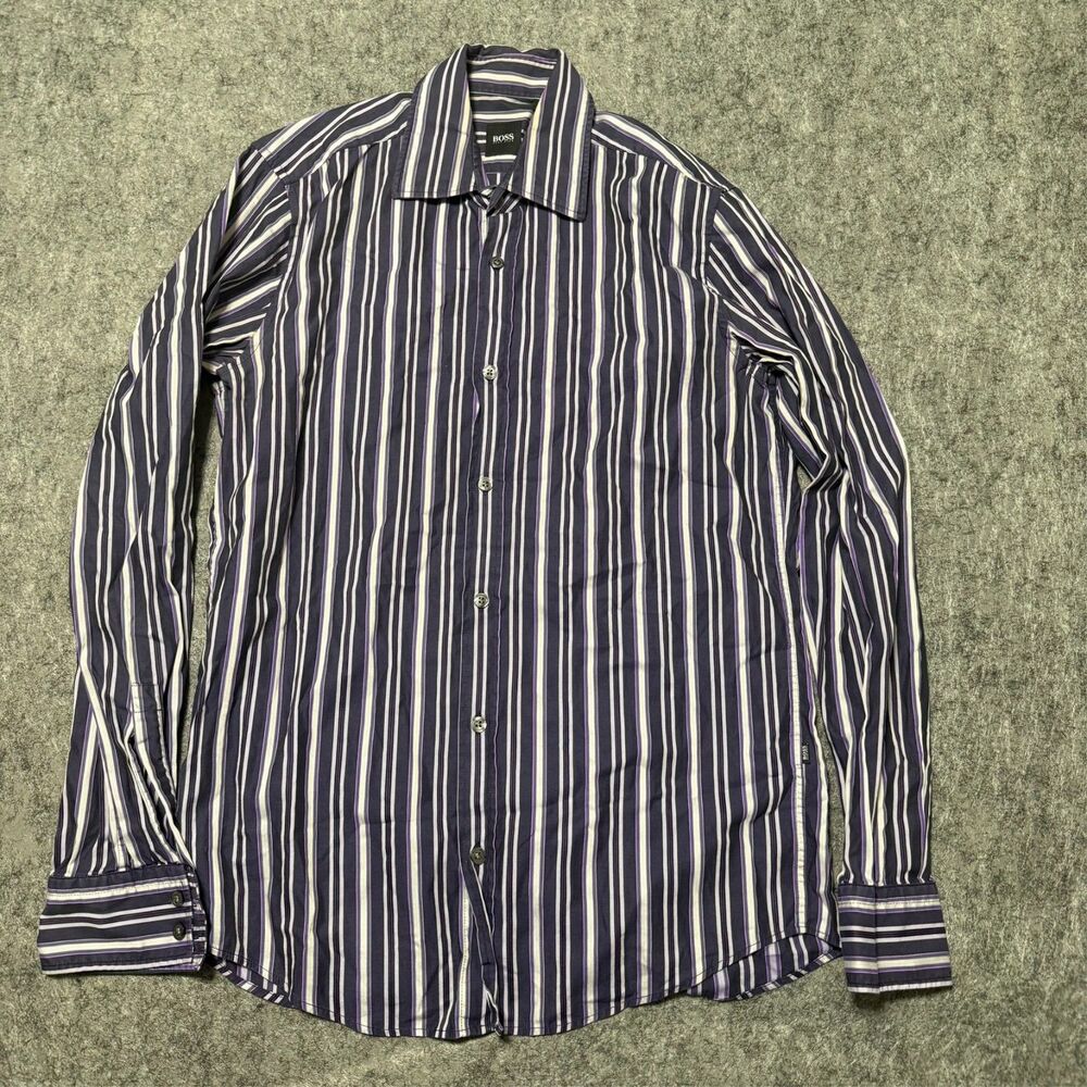 Hugo Boss Shirt Mens Small S Purple Navy Blue Vertical Striped Button Down LS